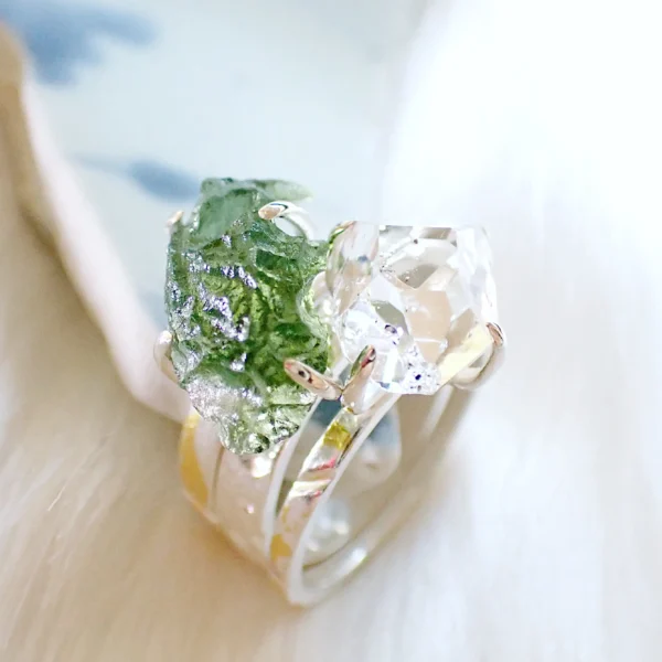 Herdavite_12 Stacking rings sterling silver natural crystals Herkimer Diamond Moldavite gilded 24K gold foil keum boo handmade