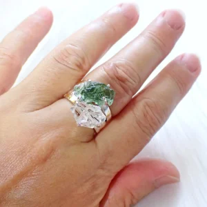 Stacking rings sterling silver natural crystals Herkimer Diamond Moldavite gilded 24K gold foil keum boo handmade