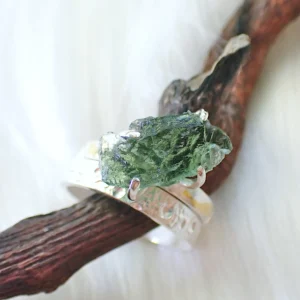 Stacking rings sterling silver natural crystals Herkimer Diamond Moldavite gilded 24K gold foil keum boo handmade