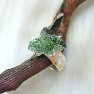 Stacking rings sterling silver natural crystals Herkimer Diamond Moldavite gilded 24K gold foil keum boo handmade