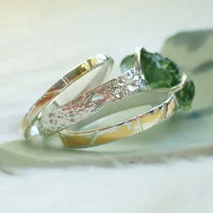 Stacking rings sterling silver natural crystals Herkimer Diamond Moldavite 24K gold foil keum boo handmade