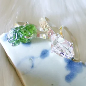 Stacking rings sterling silver natural crystals Herkimer Diamond Moldavite gilded 24K gold foil keum boo handmade
