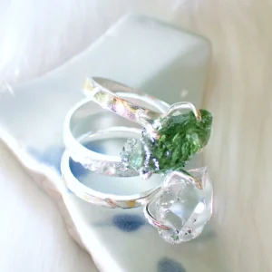 Stacking rings sterling silver natural crystals Herkimer Diamond Moldavite gilded 24K gold foil keum boo handmade