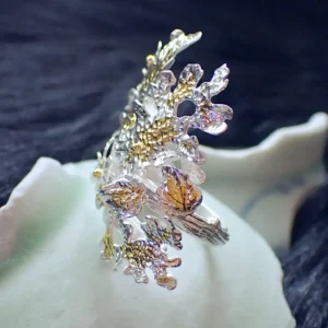 Handmade ring statement open ended sterling silver nature inspired lichen tree branch leaves