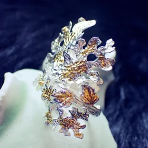 Handmade ring statement open ended sterling silver nature inspired lichen tree branch leaves