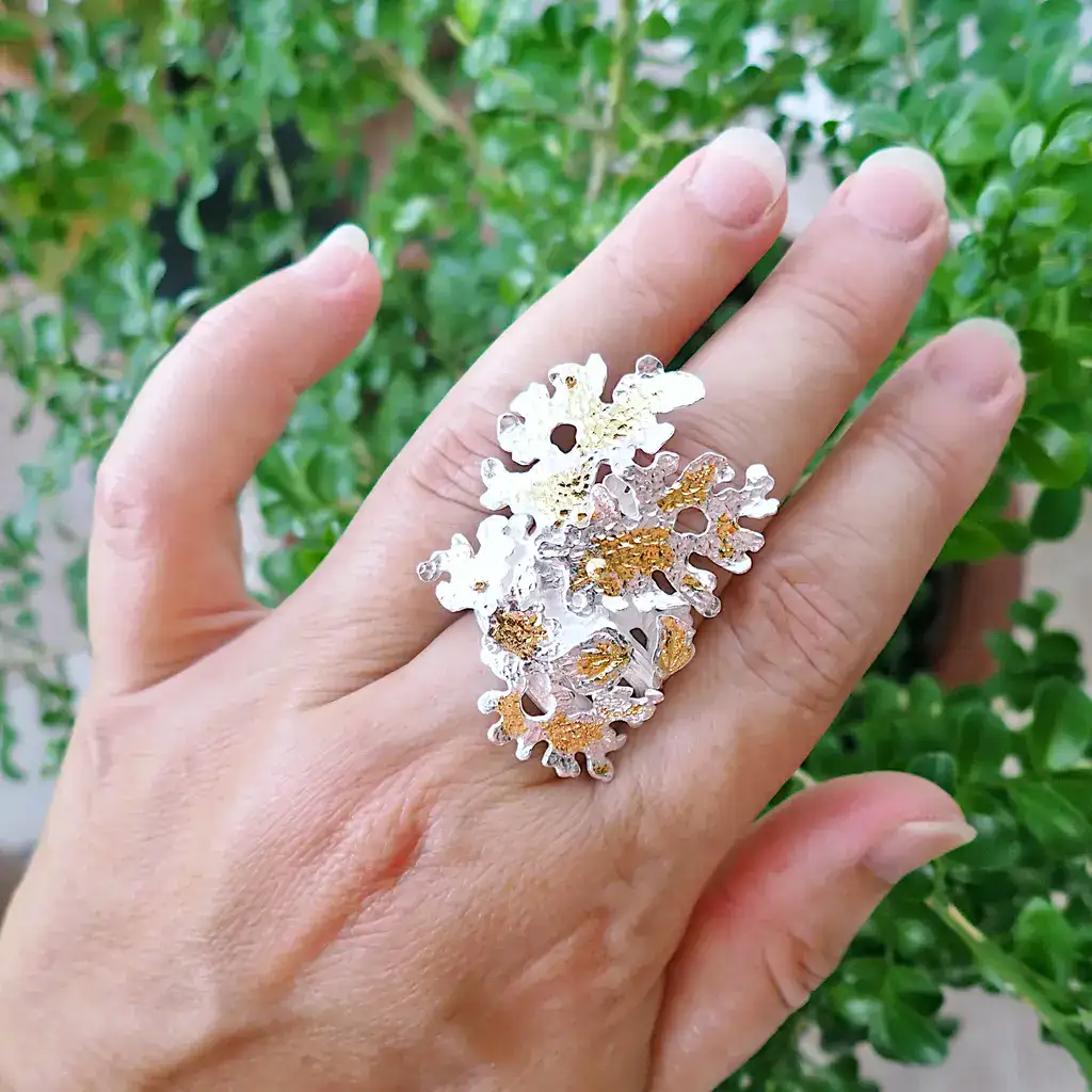 Handmade ring statement open ended sterling silver nature inspired lichen tree branch leaves
