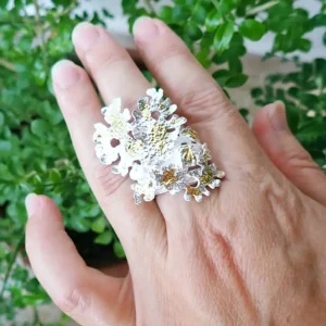 Handmade ring statement open ended sterling silver nature inspired lichen tree branch leaves