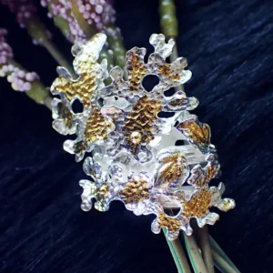 Handmade ring statement open ended sterling silver nature inspired lichen tree branch leaves