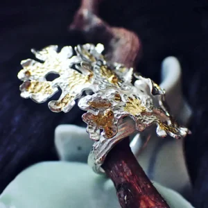 Handmade ring statement open ended sterling silver nature inspired lichen tree branch leaves