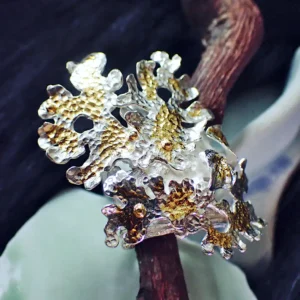 Handmade ring statement open ended sterling silver nature inspired lichen tree branch leaves