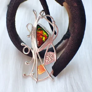 Pendant mixed metals iridescent ammolite open framework organic botanical handmade
