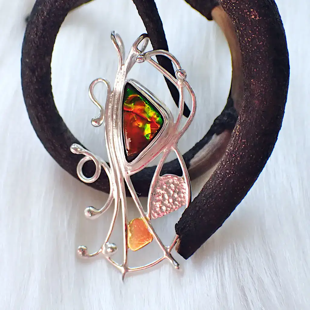 Pendant mixed metals iridescent ammolite open framework organic botanical handmade