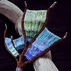 Brooch handmade wearable art nature inspired sterling silver branch loom weaving tapestry gradient colors