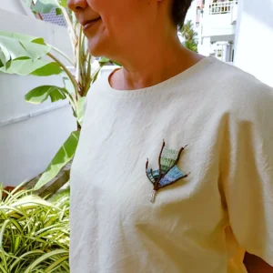 Brooch handmade wearable art nature inspired sterling silver branch loom weaving tapestry gradient colors