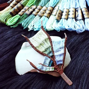 Brooch handmade wearable art nature inspired sterling silver branch loom weaving tapestry gradient colors