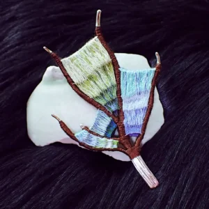 Brooch handmade wearable art nature inspired sterling silver branch loom weaving tapestry gradient colors