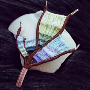 Brooch handmade wearable art nature inspired sterling silver branch loom weaving tapestry gradient colors