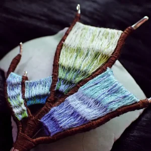 Brooch handmade wearable art nature inspired sterling silver branch loom weaving tapestry gradient colors