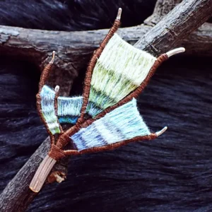 Brooch handmade wearable art nature inspired sterling silver branch loom weaving tapestry gradient colors