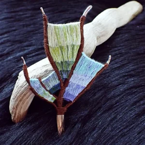 Brooch handmade wearable art nature inspired sterling silver branch loom weaving tapestry gradient colors