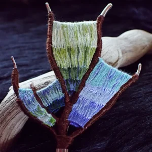 Brooch handmade wearable art nature inspired sterling silver branch loom weaving tapestry gradient colors