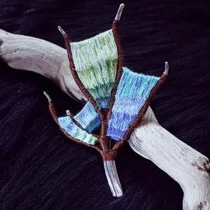 Brooch handmade wearable art nature inspired sterling silver branch loom weaving tapestry gradient colors