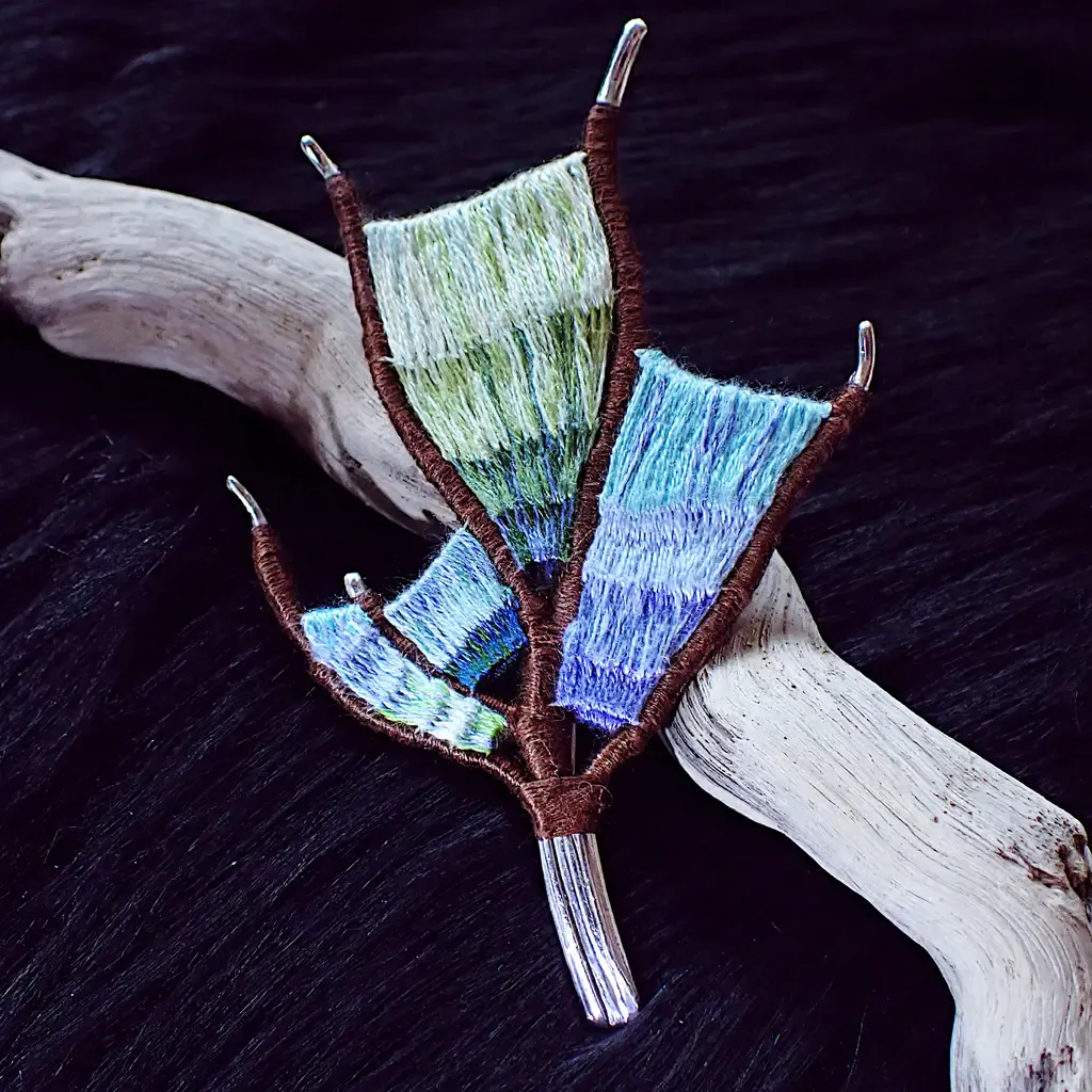 Brooch handmade wearable art nature inspired sterling silver branch loom weaving tapestry gradient colors