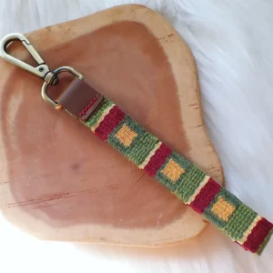Handwoven key fob leather tab handstitched brass swivel lobster clasp