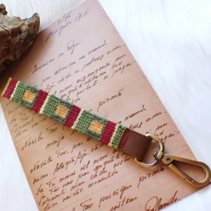 Handwoven key fob leather tab handstitched brass swivel lobster clasp