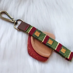 Handwoven key fob leather tab handstitched brass swivel lobster clasp