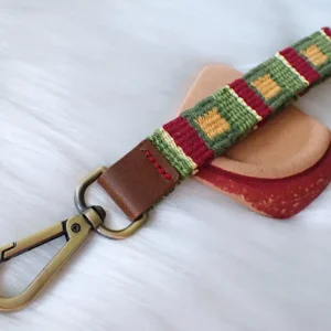 Handwoven key fob leather tab handstitched brass swivel lobster clasp