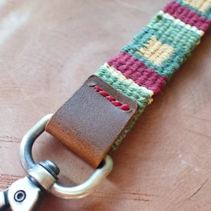 Handwoven key fob leather tab handstitched brass swivel lobster clasp
