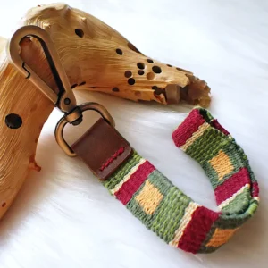 Handwoven key fob leather tab handstitched brass swivel lobster clasp
