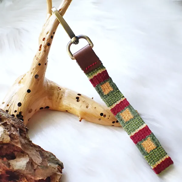 Handwoven key fob leather tab handstitched brass swivel lobster clasp