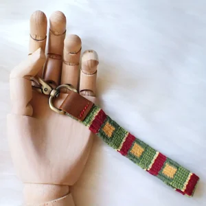 Handwoven key fob leather tab handstitched brass swivel lobster clasp
