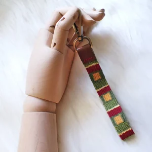 Handwoven key fob leather tab handstitched brass swivel lobster clasp