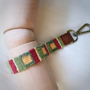 Handwoven key fob leather tab handstitched brass swivel lobster clasp