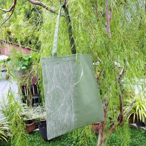 Embroidered canvas tote bag with batik lining pockets Sashiko old tree nature inspired
