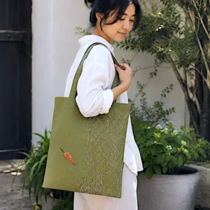 Embroidered canvas tote bag with batik lining pockets Sashiko old tree nature inspired