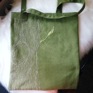 Embroidered canvas tote bag with batik lining pockets Sashiko old tree nature inspired