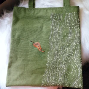 Embroidered canvas tote bag with batik lining pockets Sashiko old tree nature inspired