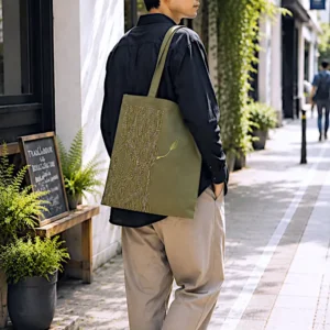 Embroidered canvas tote bag with batik lining pockets Sashiko old tree nature inspired