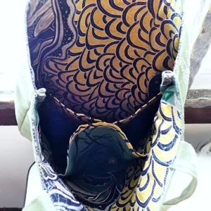 Embroidered canvas tote bag with batik lining pockets Sashiko old tree nature inspired