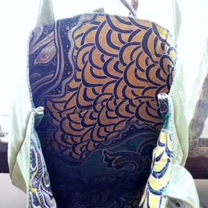 Embroidered canvas tote bag with batik lining pockets Sashiko old tree nature inspired