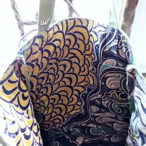 Embroidered canvas tote bag with batik lining pockets Sashiko old tree nature inspired