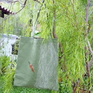 Embroidered canvas tote bag with batik lining pockets Sashiko old tree nature inspired