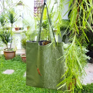 Embroidered canvas tote bag with batik lining pockets Sashiko old tree nature inspired