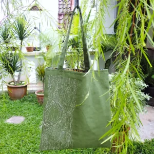 Embroidered canvas tote bag with batik lining pockets Sashiko old tree nature inspired