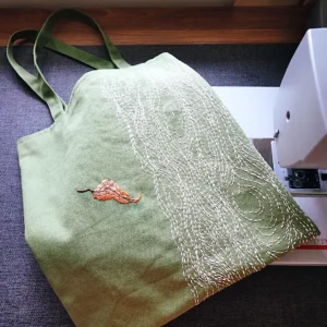 Embroidered canvas tote bag with batik lining pockets Sashiko old tree nature inspired