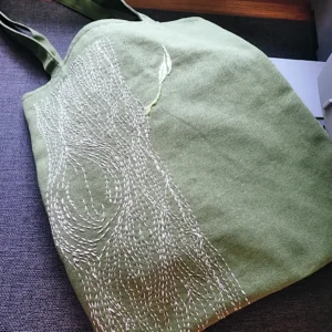 Embroidered canvas tote bag with batik lining pockets Sashiko old tree nature inspired